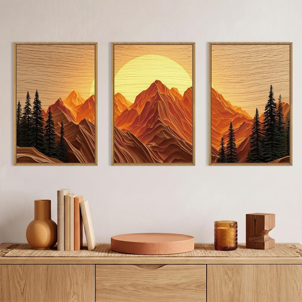 Large Boho Golden Mountain Framed Canvas Wall Art Set-16"x24"x3