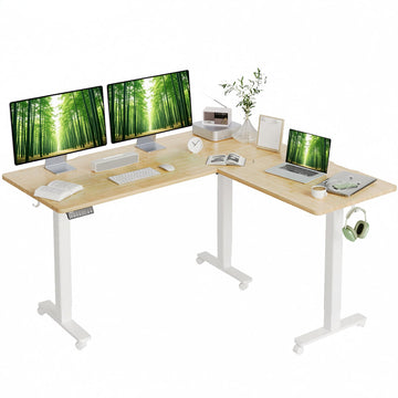 L Shaped Standing Desk Electric Dual Motor 63 Inch Corner Desk Bamboo