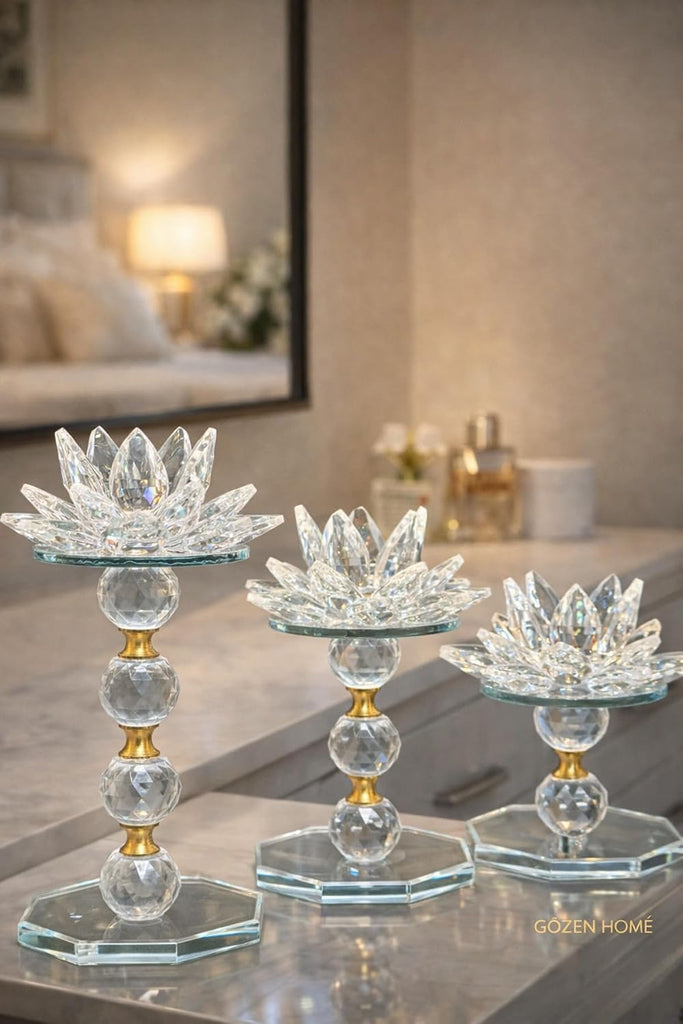 Quality Crystal Lotus Flower Candle Holder Set Gold Accents 3 Piece Glass - Gold