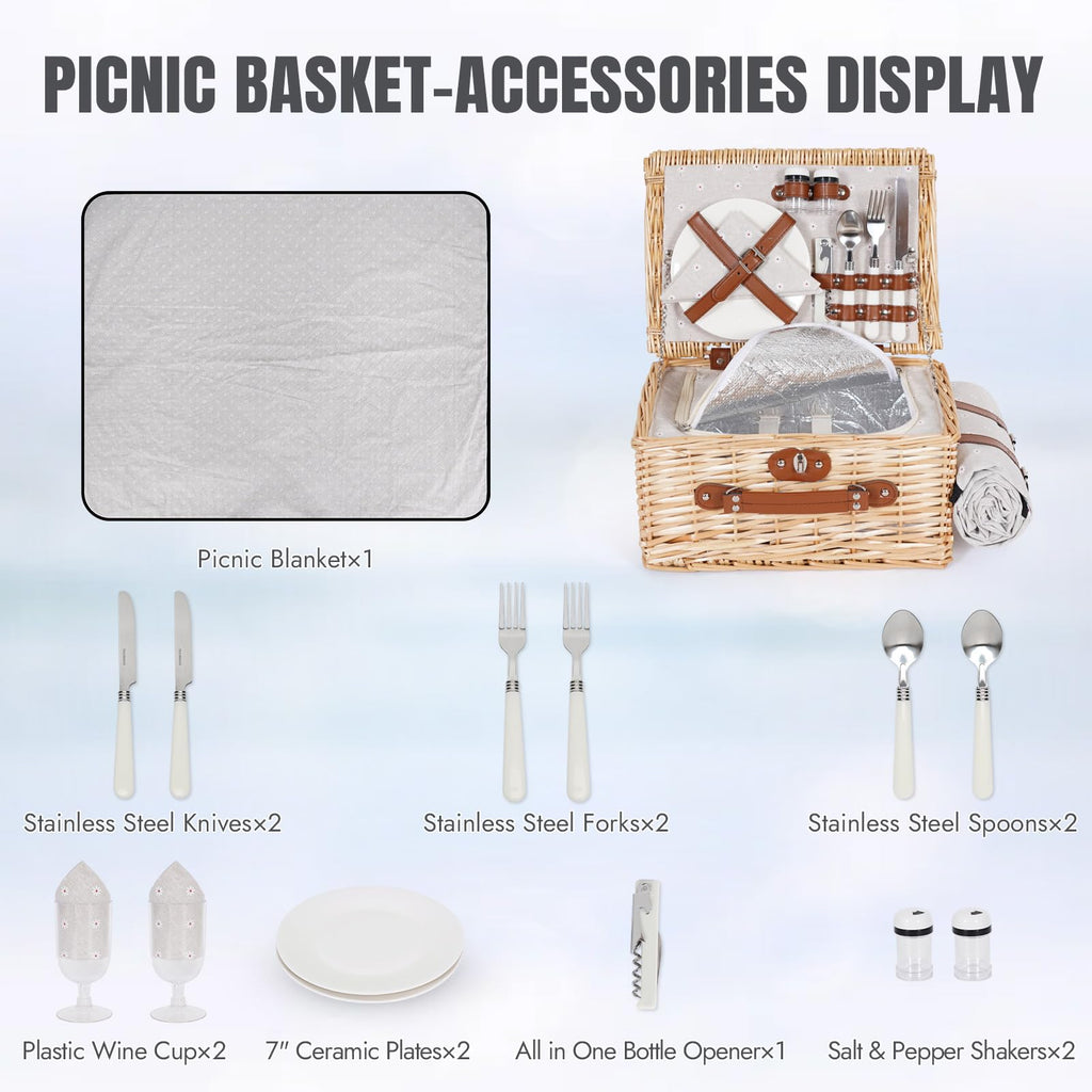 Picnic Basket Set for 2, Durable Wicker with Cutlery Kit