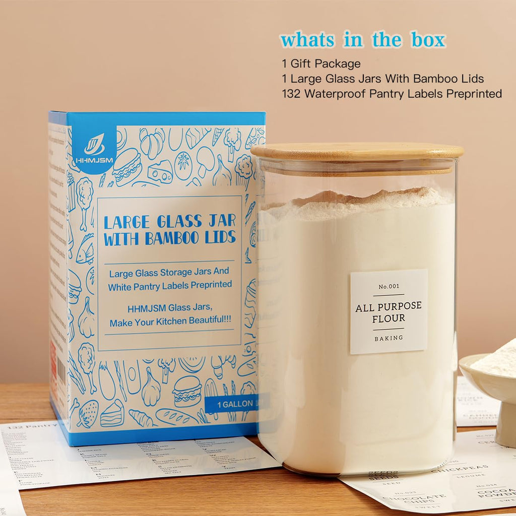 Large glass flour and sugar containers with 132 Kitchen Pantry Labels - 138 FL OZ Glass Food Storage Containers with