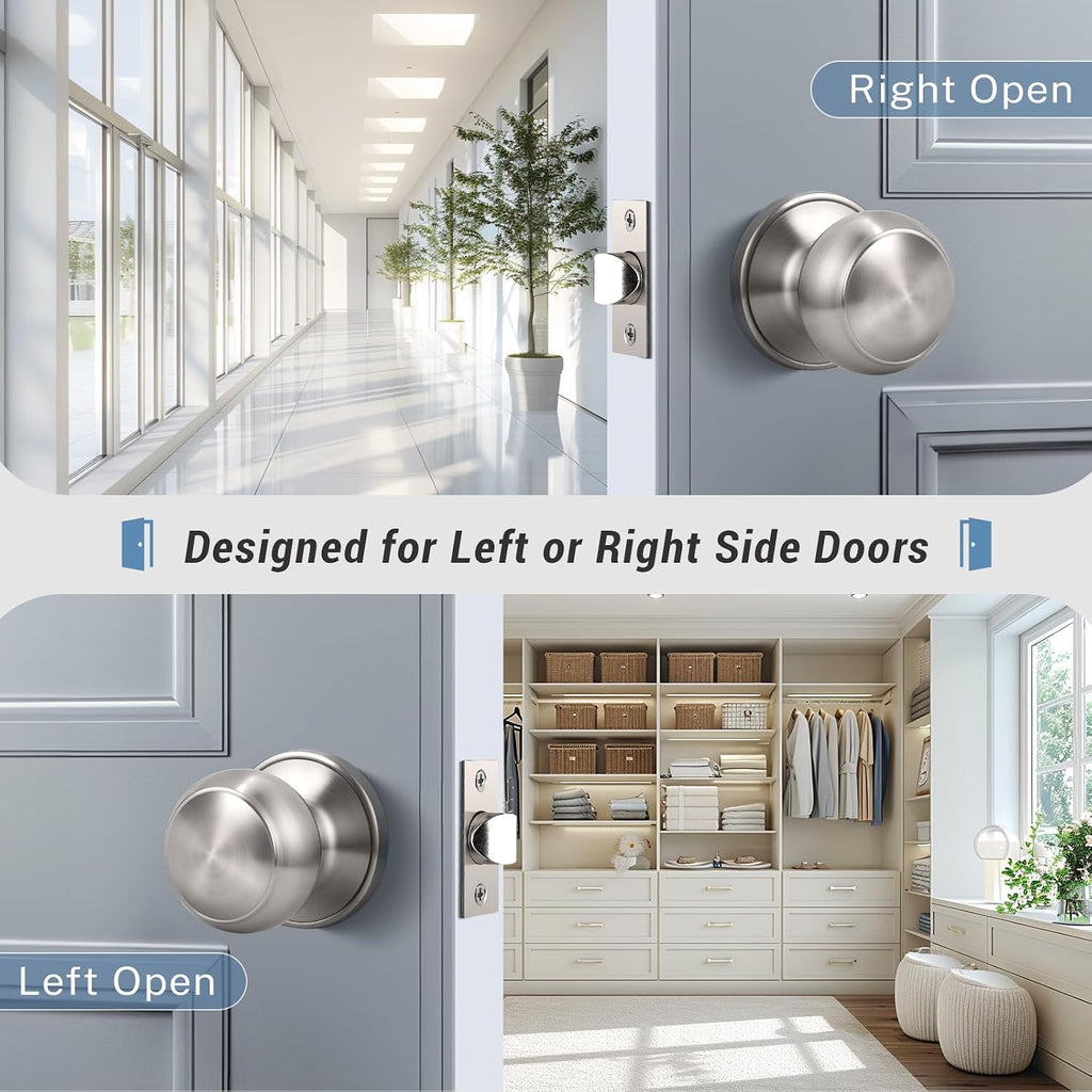 2 Pack Passage Door Knob Brushed Nickel,Round Door knob for Hall and Closet Door Knobs, Non-Locking Round Door