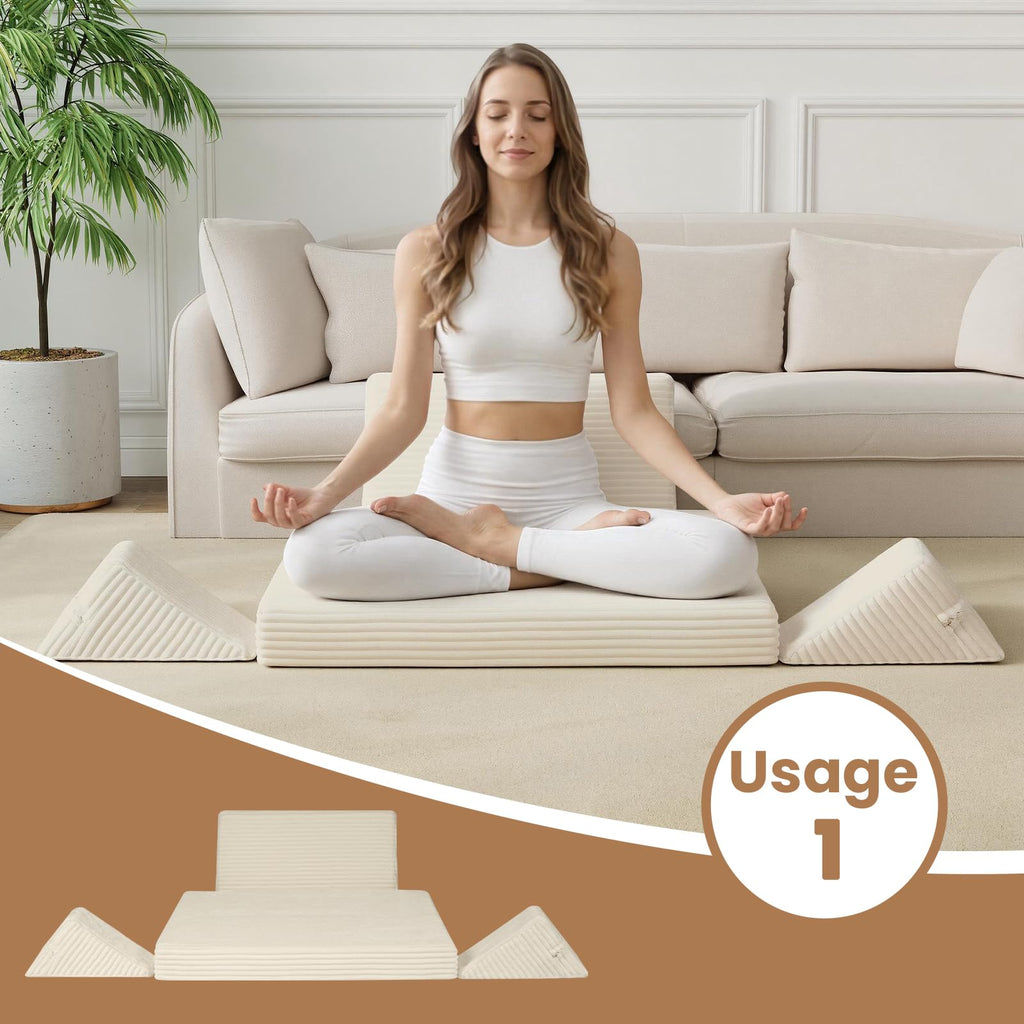 Meditation Cushion, Meditation Mat with Knee Support, Beige