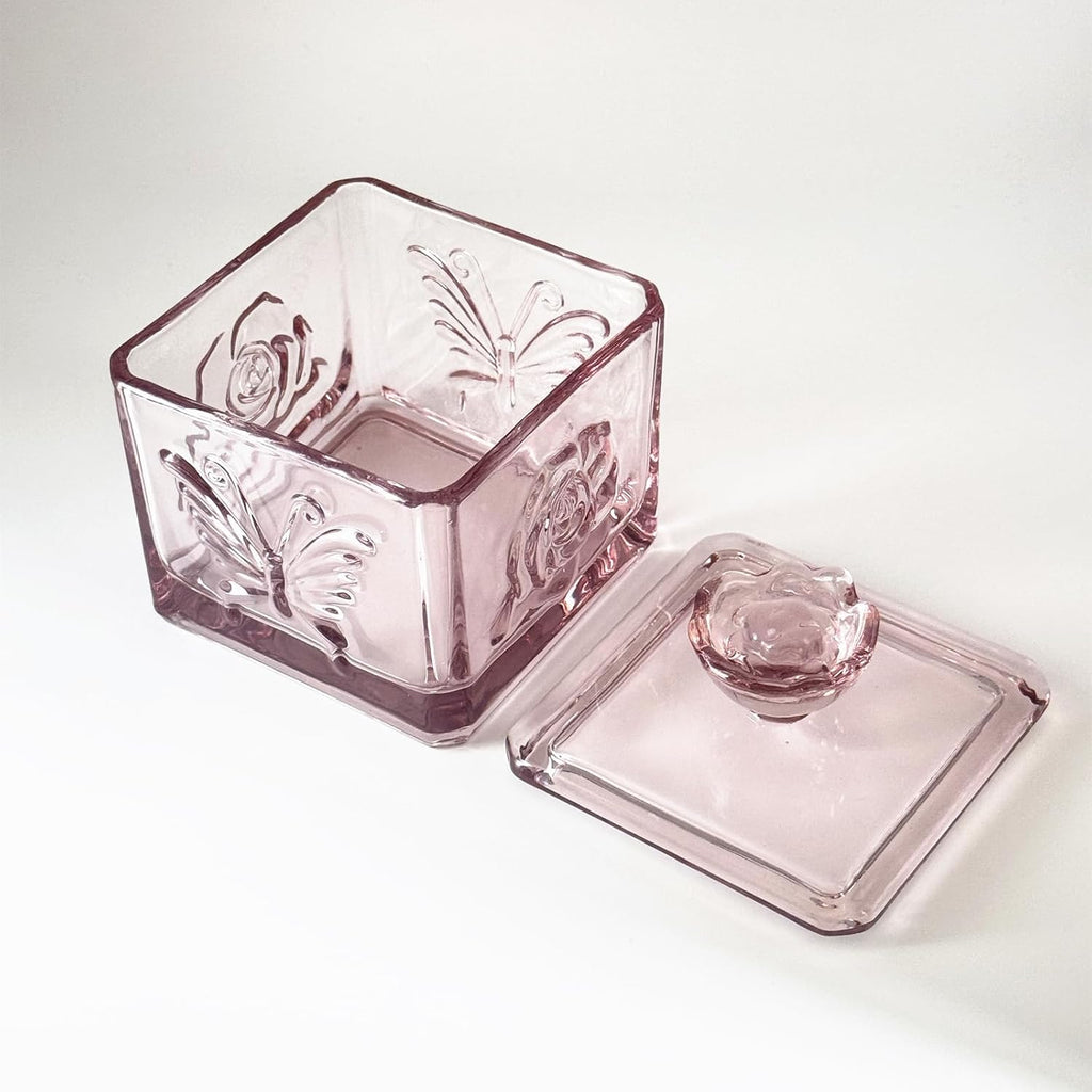 Pink Glass Candy Box - Cute Glass Jar with Lids for Storage Cookie, Vintage Candy Jar Dish Desk Buffet