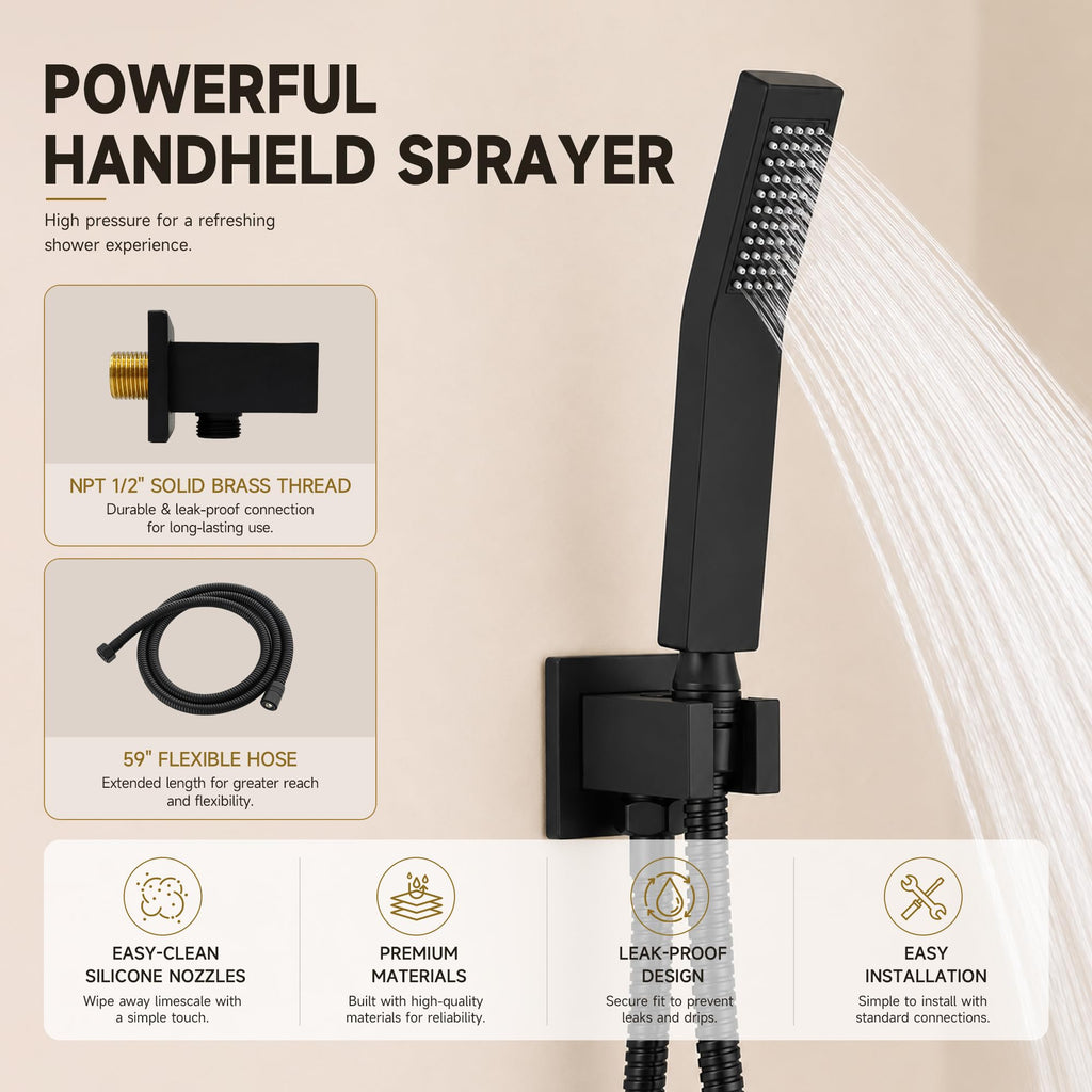 Shower System with Tub Spout, All Metal Black Bathtub Shower Faucet Set with High Pressure 10 Inch Rain Shower Head