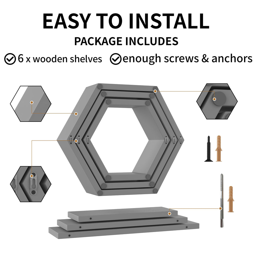 Wooden Hexagon Floating Shelves Wall Mounted, Set of 6 Pine Hexagon Shelves Display for Photos, Plants, Rustic Honeycomb