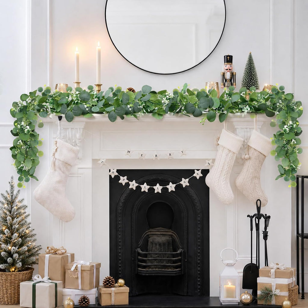 Artificial Eucalyptus Garland with Flowers, Faux Greenery Garland Decor 6FT Eucalyptus Vines, Fake Hanging - Set of 2