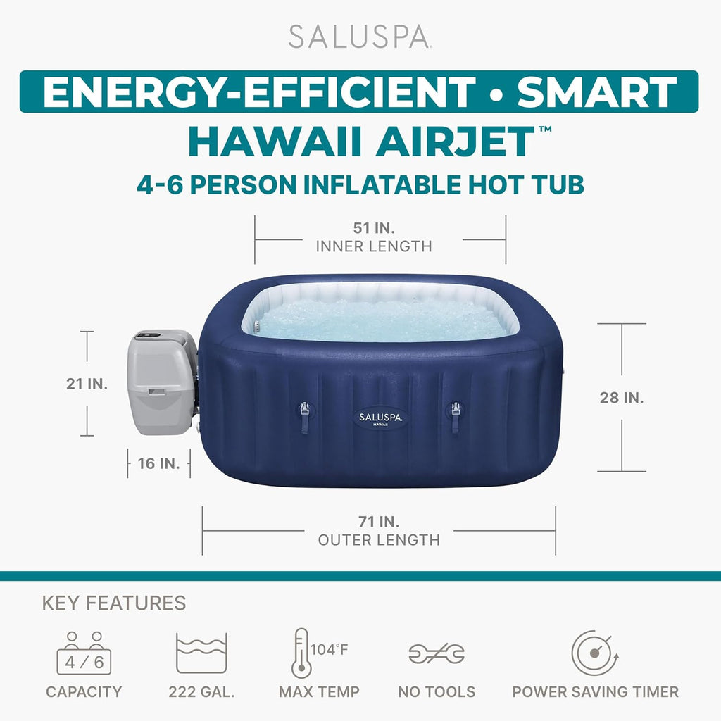SaluSpa Hawaii AirJet 4-6 Person Inflatable Hot Tub w/EnergySense Cover & App Control, 71"x28" Bundled w/SaluSpa