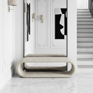 Shoe Bench, 52.2''W Curved Modern No-Assembly End of Bed Bench Ottoman, Cloakroom, Passageway, Light Oatmeal.