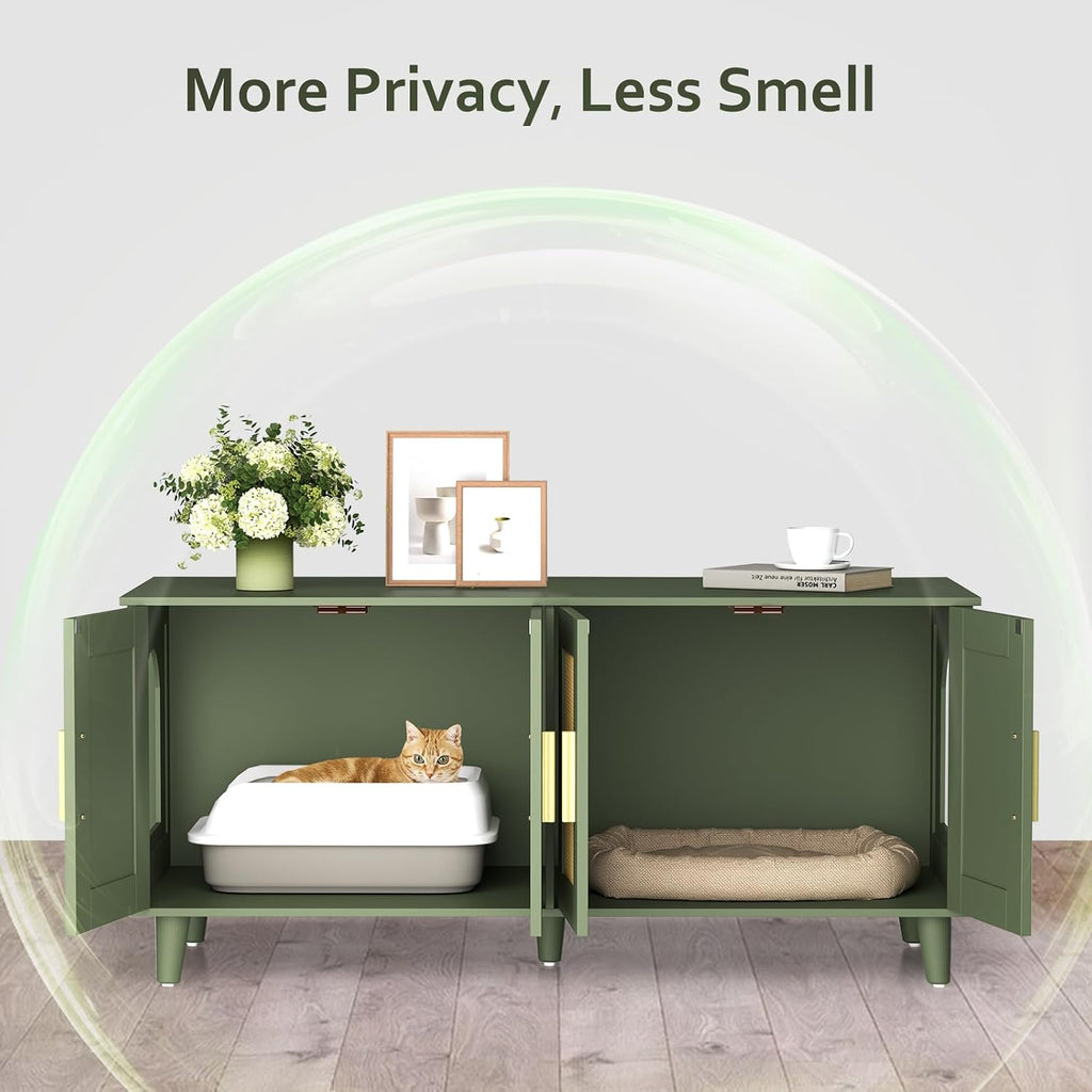 Boho Cat Litter Box Enclosure for 2 Cats, Green and Natural