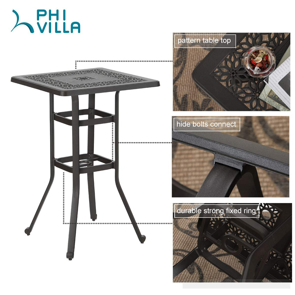 Outdoor Patio Bar Tables Cast Aluminum, 27.5" L x 27.5" W x 42" H