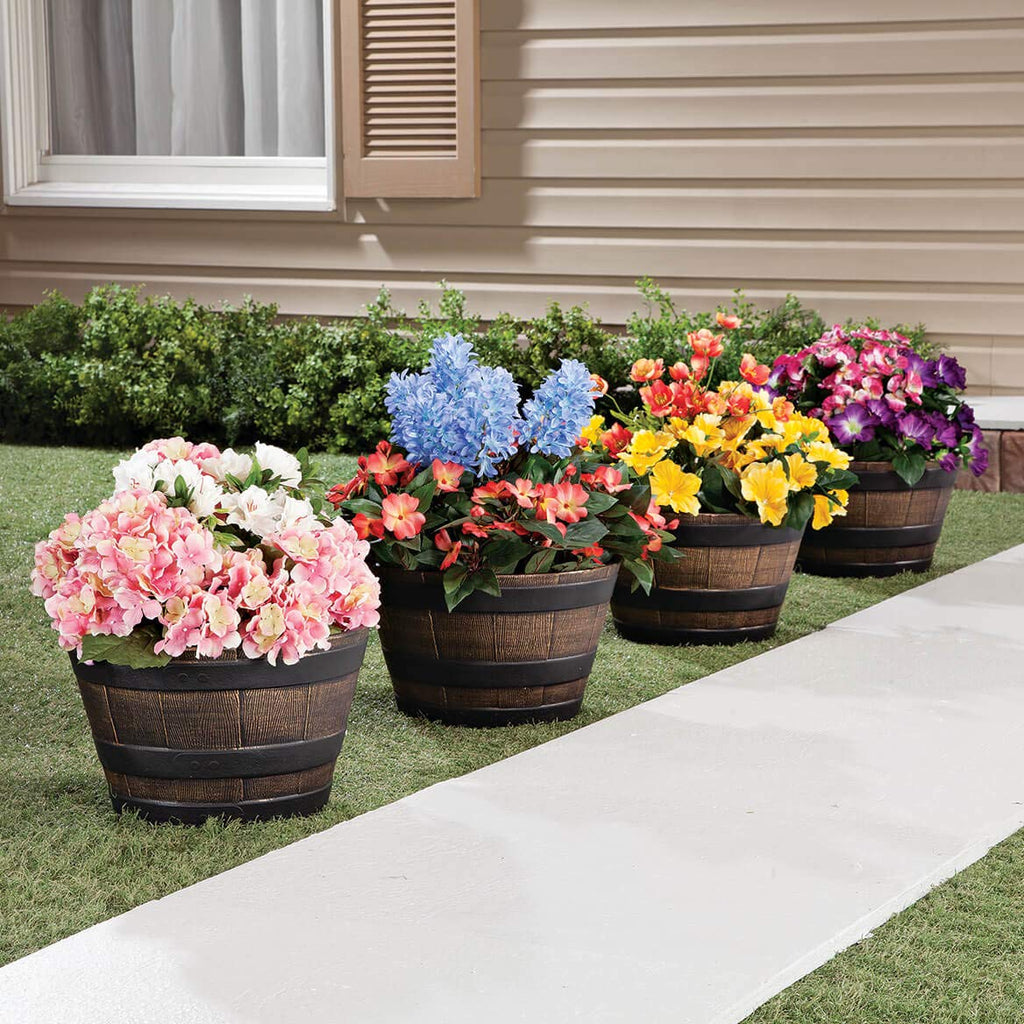 Wood-Look Barrel Planters, Lightweight Durable