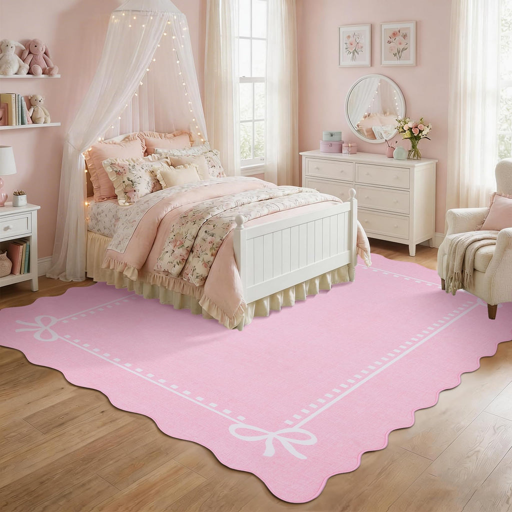 Scalloped Bow Rug Washable Solid Pink 8x10 Area Rug