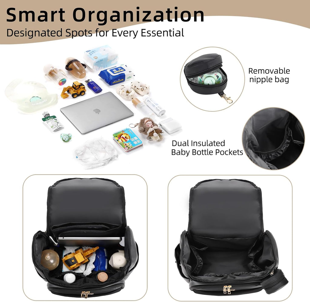 Large Leather Diaper Bag Backpack, Baby Travel Bag with Changing Pad, Insulated Pockets, Stroller Straps and Pacifier