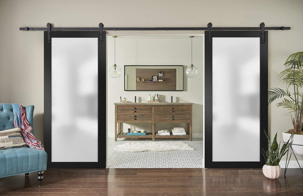 Slab Barn Door Panel Frosted Glass Lite | Planum 2102 Matte Black | Sturdy Finished Modern Doors | P