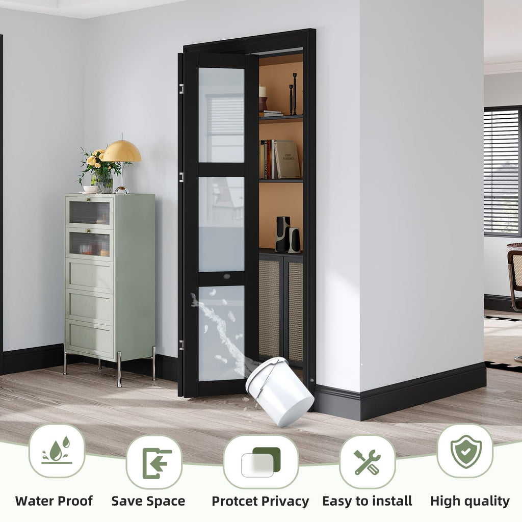 Bifold Closet Doors, Folding Door for 36" x 80" Opening, 3-Lite Tempered Frosted Glass, Black Interior Bi-fold Barn Door