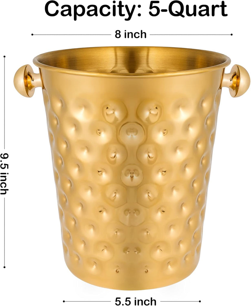 5-Quart Metal Golden Champagne Bucket, Hammered Mirror Finish Stainless Steel Ice Bucket for Party, Wedding, Banquet