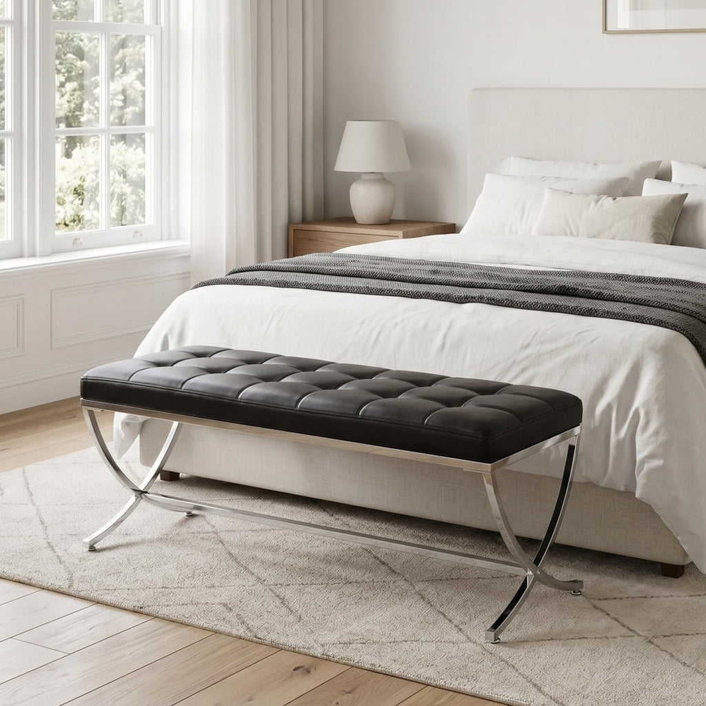 Modern Entryway Bench Leather Upholstered Dining Bench with Metal Base Button Tufted Ottoman Bench with Padded Seat