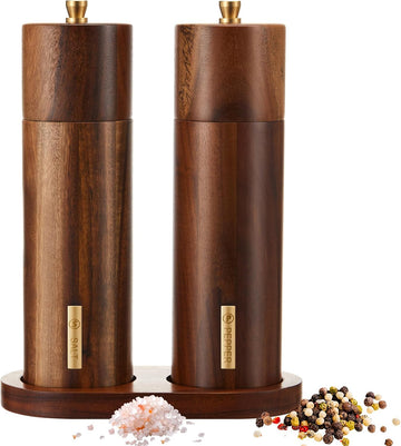 Wooden Salt and Pepper Mill Set with Tray,Wood Color,8 Inch