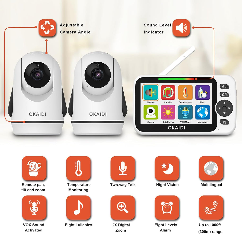 5" Screen Pan-Tilt-Zoom Video Baby Monitor with 2 Cameras No WiFi