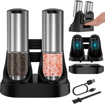 Electric Salt and Pepper Grinder Set Type-C Charging, 6 Levels, LED Light - Set of 2