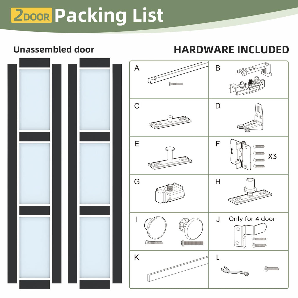 Bifold Closet Doors, Folding Door for 36" x 80" Opening, 3-Lite Tempered Frosted Glass, Black Interior Bi-fold Barn Door
