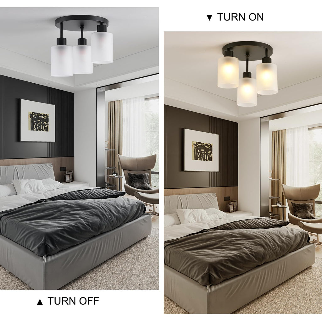 3-Light Industrial Farmhouse Black Matte Light Fixtures Ceiling Mount, with Frosted Glass Shades Semi Flush Mount