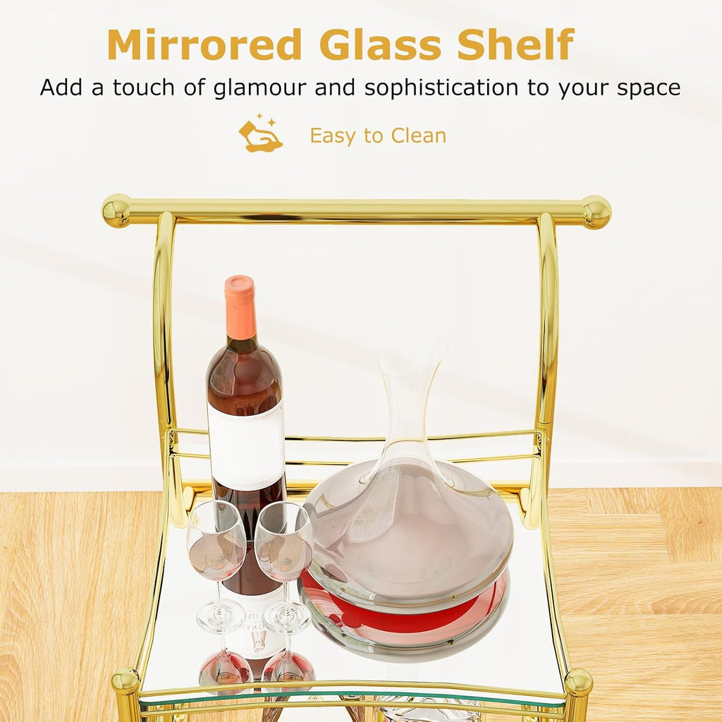 Rolling Bar Cart, Wine Tea Serving Cart with 3-Tier Shelf & 4 Wheels, Tempered Glass Bar and Serving Cart, Metal