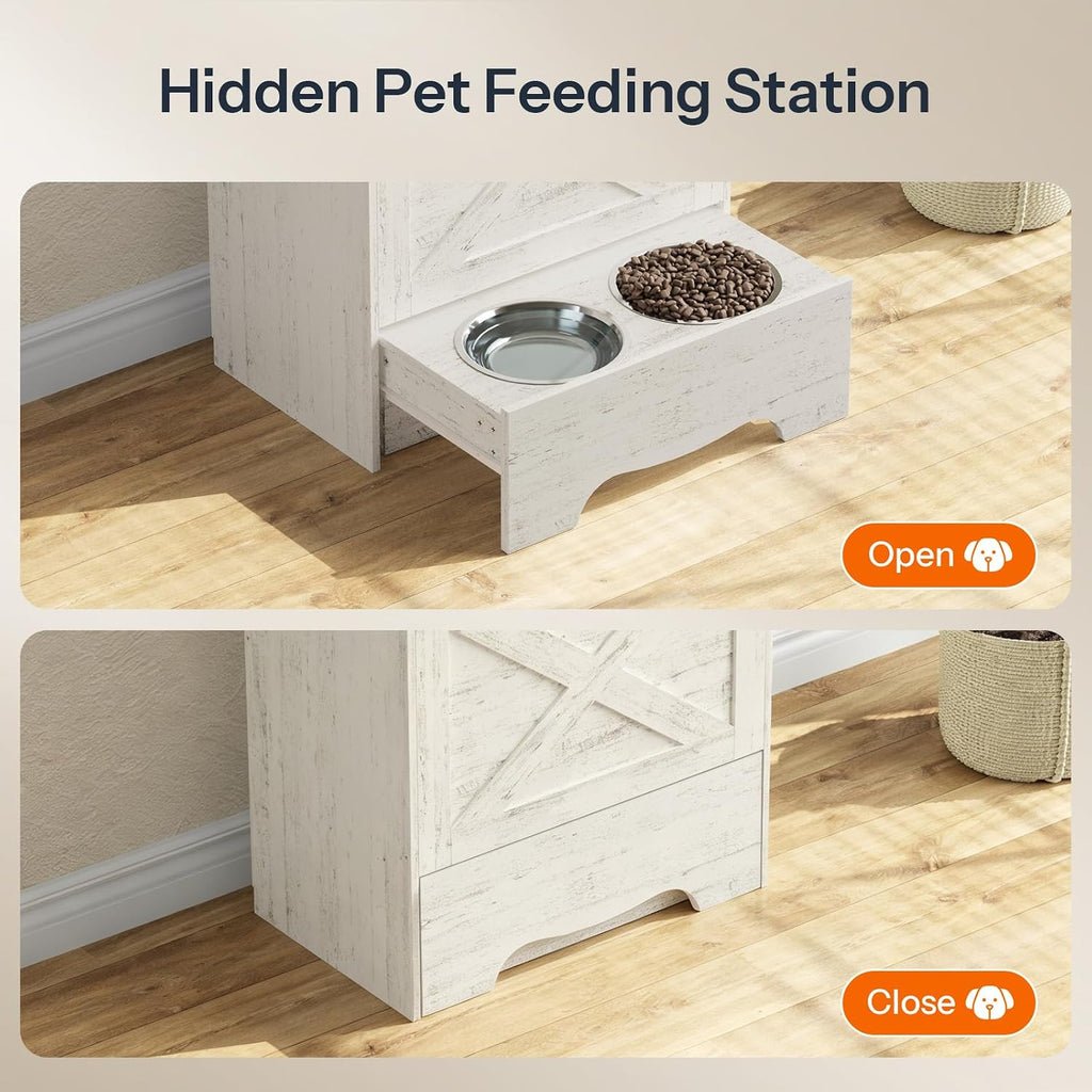 Dog Feeding Station with Sliding Drawer and 2 Hidden Bowls, Pet Feeding Station with Flip-Up Door, Dog Food Storage