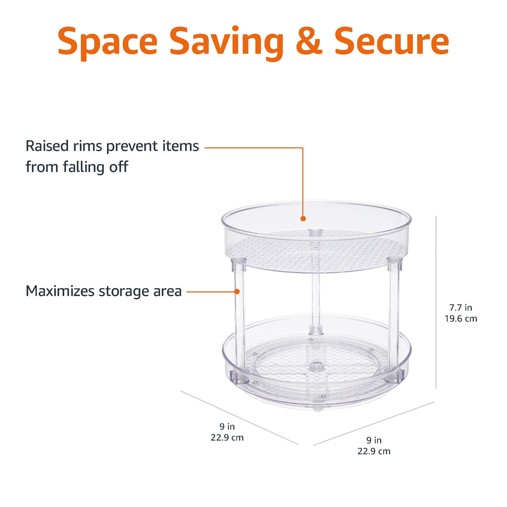 Lazy Susan Turntable Organizer for Spices and Condiments, 9" Diameter, 2 Tier, Clear