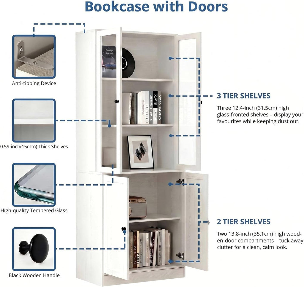 71" H Bookshelf with Storage, 6-Tier Modern Bookshelves with 3 Large Drawer, Display Bookcase with Glass Doors