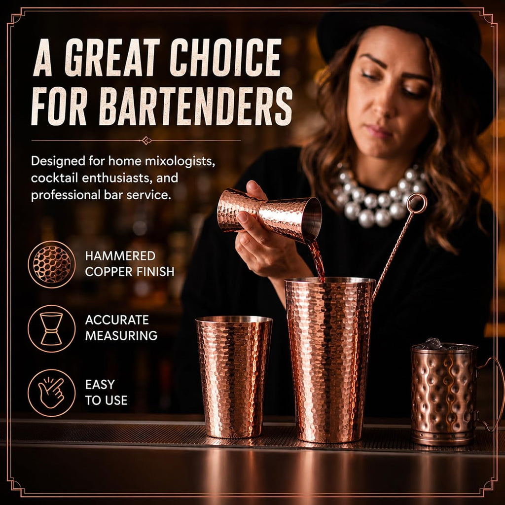 100% Solid Copper Boston Cocktail Shaker Set 16 oz & 25 oz Boston Cocktail 1oz & 2oz Doubleheaded Jigger and 12 - Set of 4
