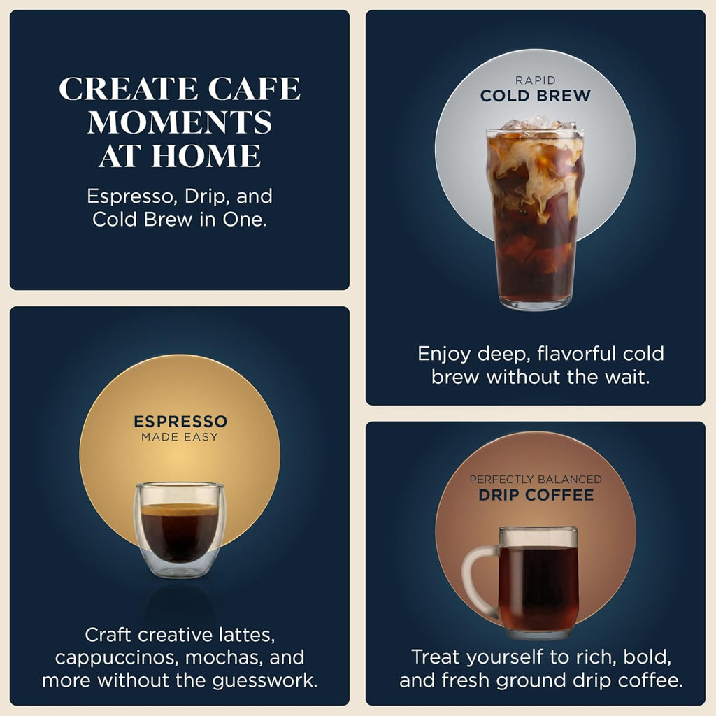 Luxe Café Premier 3-in-1 Espresso Machine, Drip Coffee, & Cold Brew | Built-in Grinder, Hands-Free Milk Frother, and