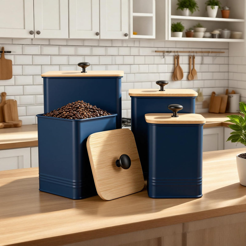 Kitchen Canisters Set 4, Dark Blue Metal Airtight Kitchen Storage Containers