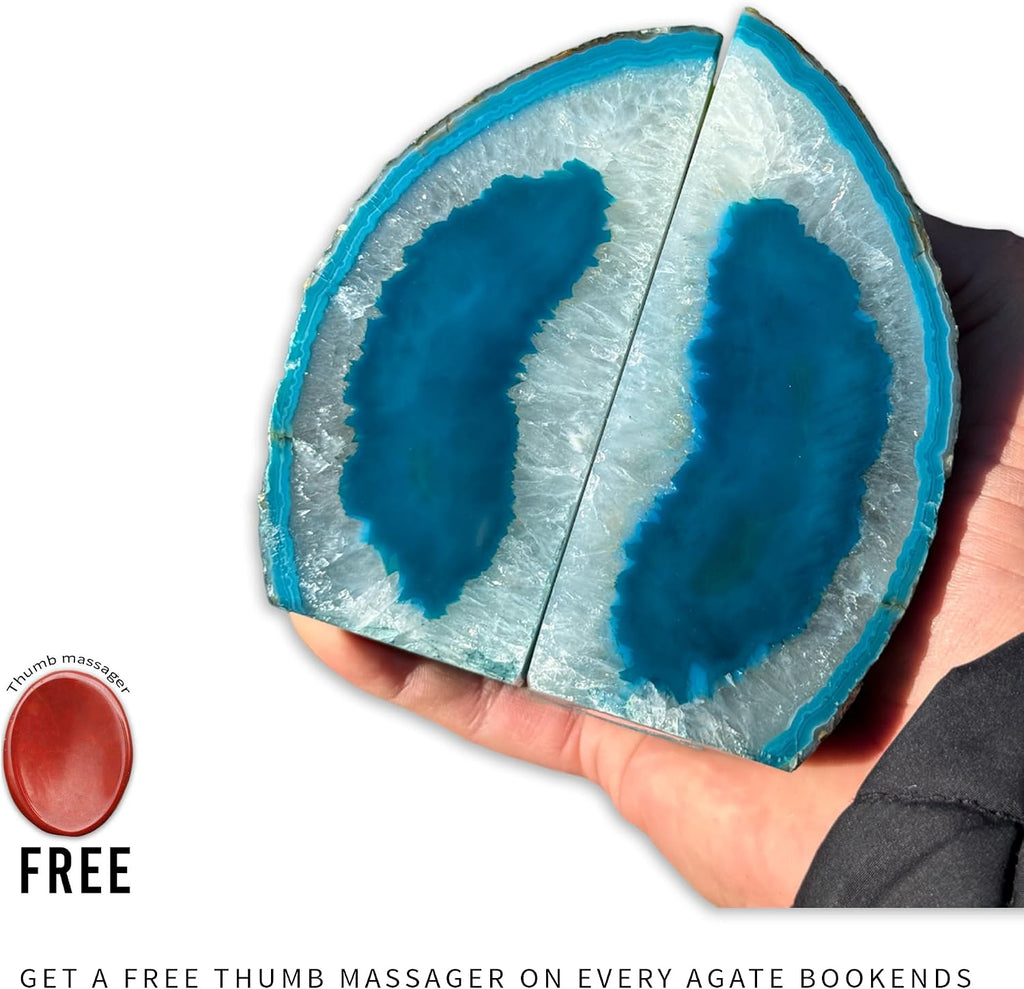 GM Teal Agate Bookends for Heavy Books. Crystal Stone Bookend. 1 Pair, A Grade, Pre-Matched Polished Geodes Home