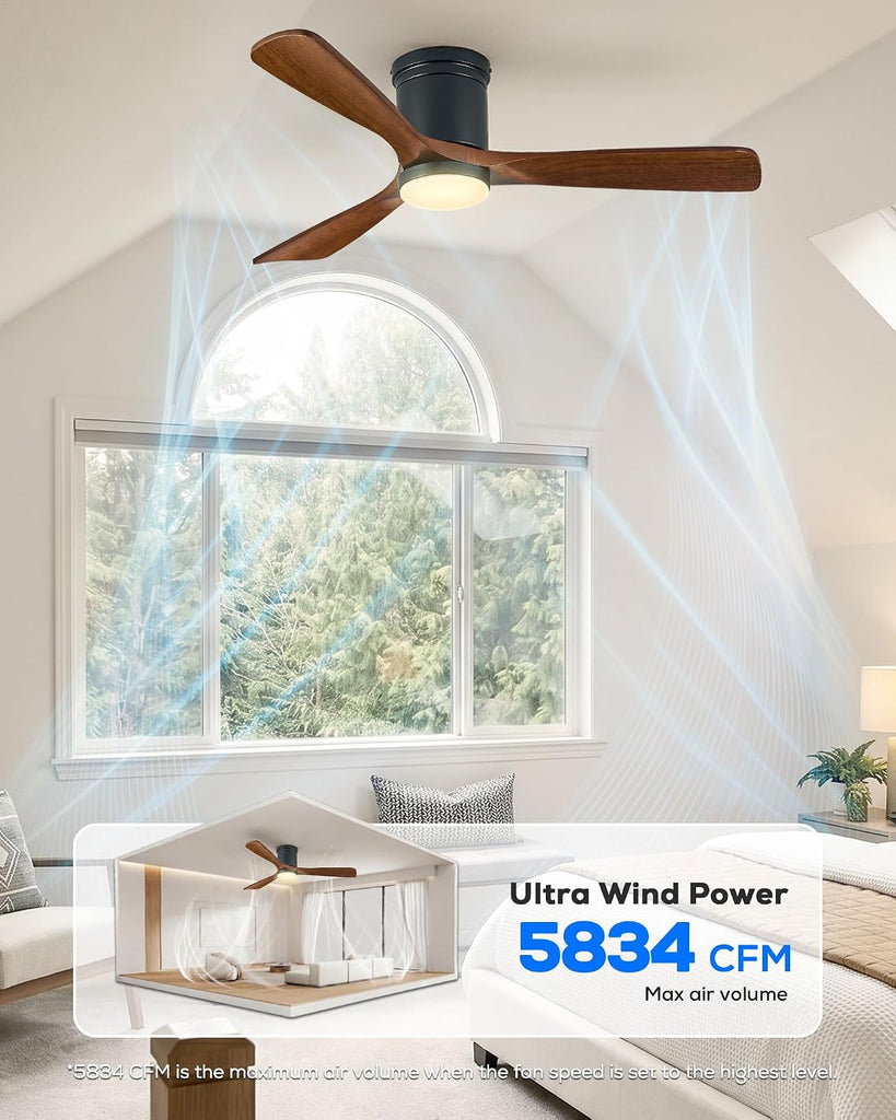 52 Inch Smart Flush Mount Ceiling Fan with Light, Low Profile Ceiling Fan with 3 Solid Wood Walnut Blades, Dimmable LED, Ultra Quiet DC Motor, Alexa & Remote Control, Indoor Outdoor, Walnut