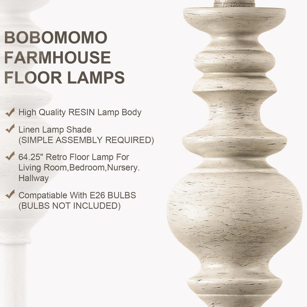 64.25" Farmhouse Floor Lamp, Tall Antique White Standing Lamp with Rotary Switch, Vintage Reading Lamp, Rustic Home