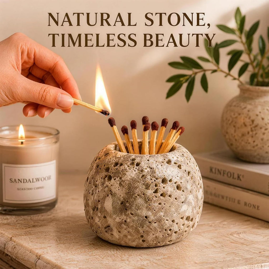 Match Holder, Matches Holder, Travertine Stone Striker Jar, Decorative Fireplace & Home Decor Accessory