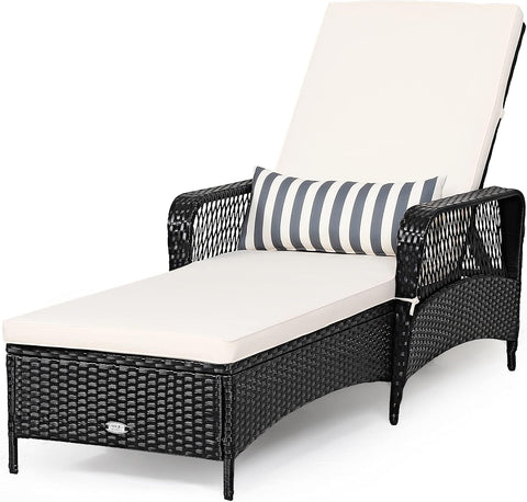 Wicker Chaise Lounge Outdoor, Patio Rattan Reclining Chaise with 6-Gear Adjustable Backrest