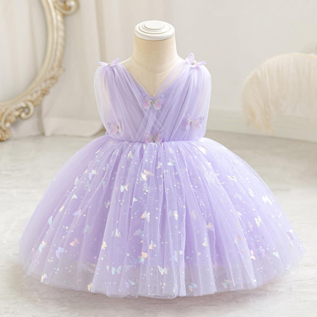 Toddler Baby Girls Shiny Butterfly Tutu Dress Princess Birthday Party Pageant Flower Girl Wedding V-Backless Dresses