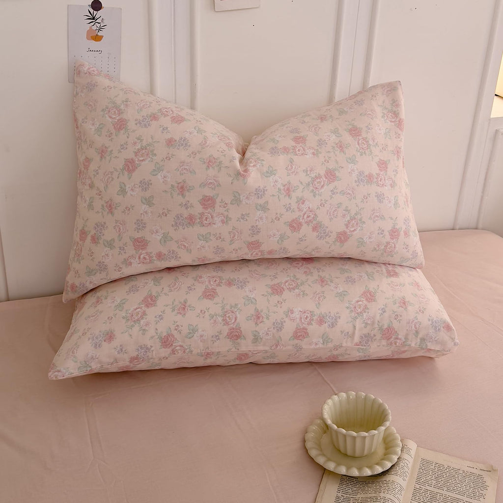 Vintage Floral Duvet Cover Set, Pink Flower Coquette Duvet Cover Muslin Cotton Gauze Bedding Set, Cottagecore