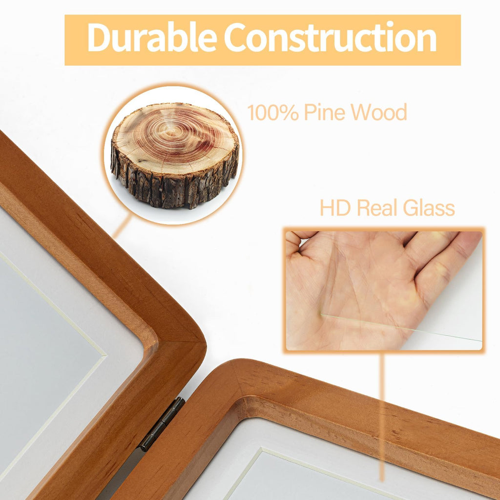 5x7 Double Vertical Horizontal Hinged Foldable Combo Rounded Corner Picture Frame, Walnut-Colored Pine Wood with Real
