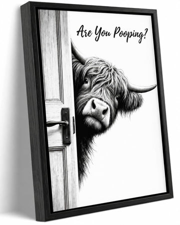 Framed Funny Bathroom Wall Art, Highland Cow Are You Pooping Canvas Print, Black and White Humor Bathroom Animal