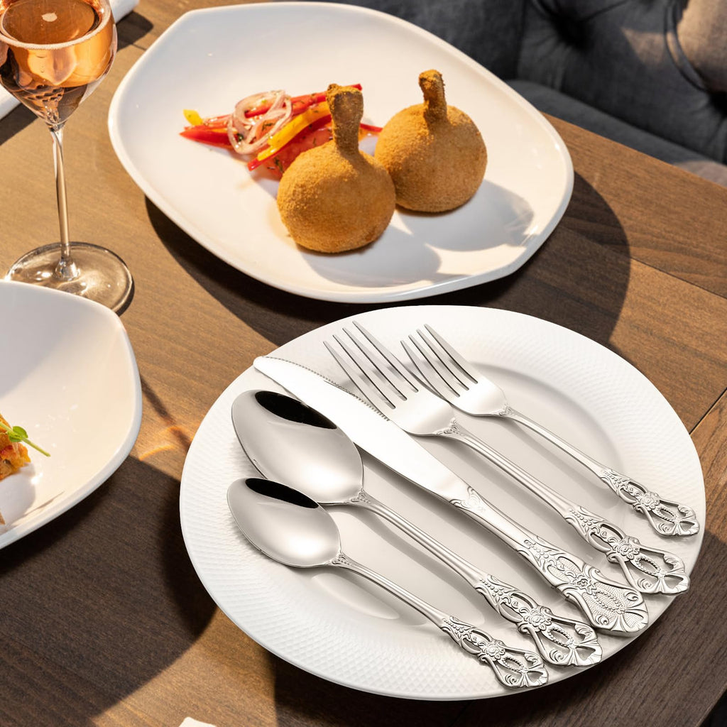 40 Pieces Retro Royal Silverware Set for 8, Stainless Steel Flatware Set, Dishwasher Safe Dinnerware Set Including