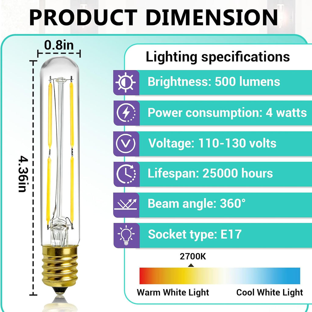 6 Pcs E17 T6.5 Dimmable 4W LED Tubular Filament Bulb for Exit Sign Light
