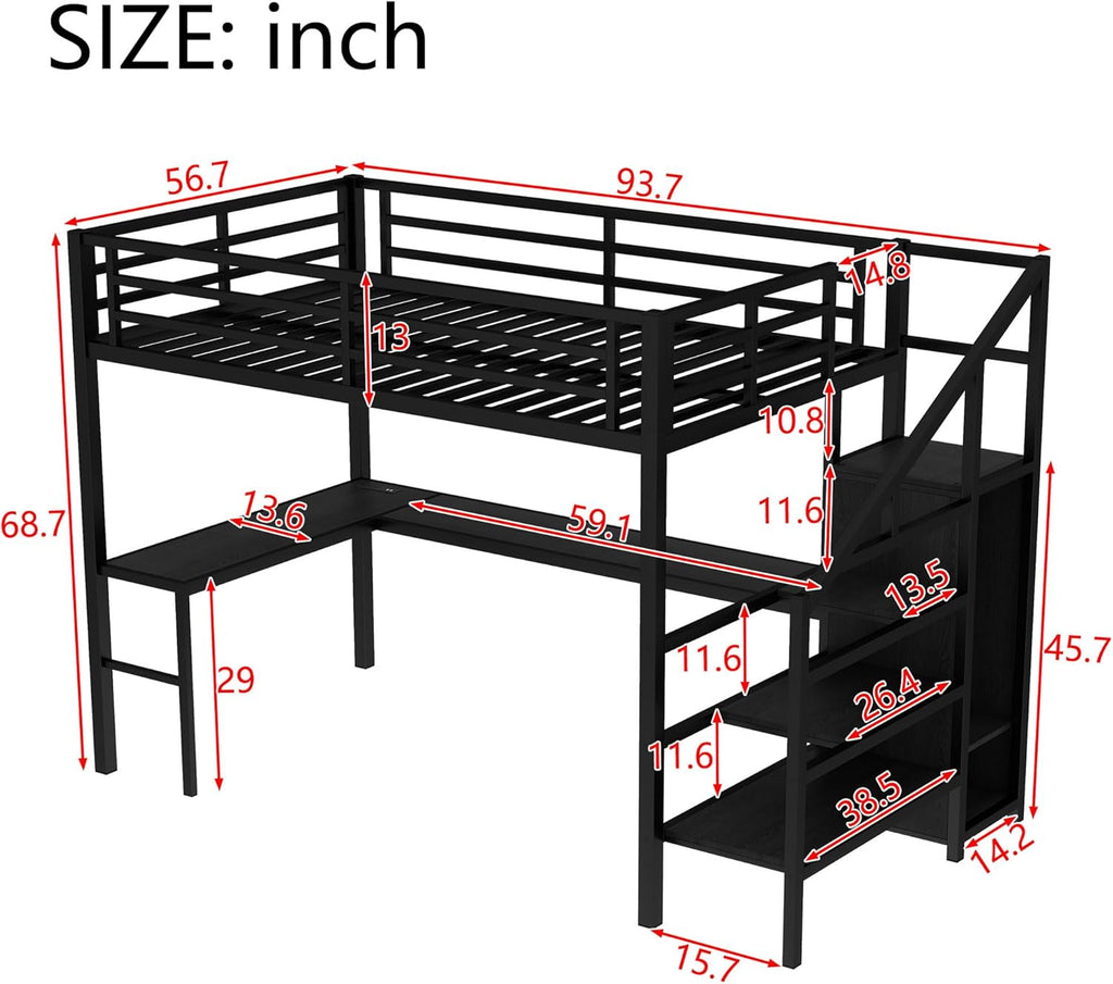 Full Metal Loft Bed with L Shaped Desk and Wardrobe, Heavy Duty Loft Bed Frame with Storage Stairs
