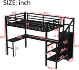 Full Metal Loft Bed with L Shaped Desk and Wardrobe, Heavy Duty Loft Bed Frame with Storage Stairs