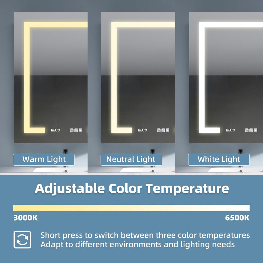 LED Medicine Cabinet 24x30 Anti-Fog Mirror Dimmable Recessed Mount | 3 Color Dimmable LED. Time Temp Display.