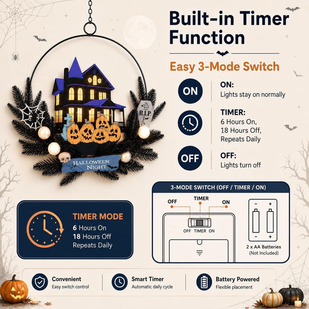 Halloween Wreath with Lights, 15.7 Inch, 6H On/18H Off Timer