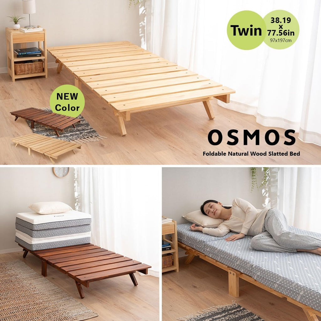 Foldable Wood Slatted Floor Bed Frame for Japanese Futon Mattress Solid Pine (Retro-Brown), Foldable and